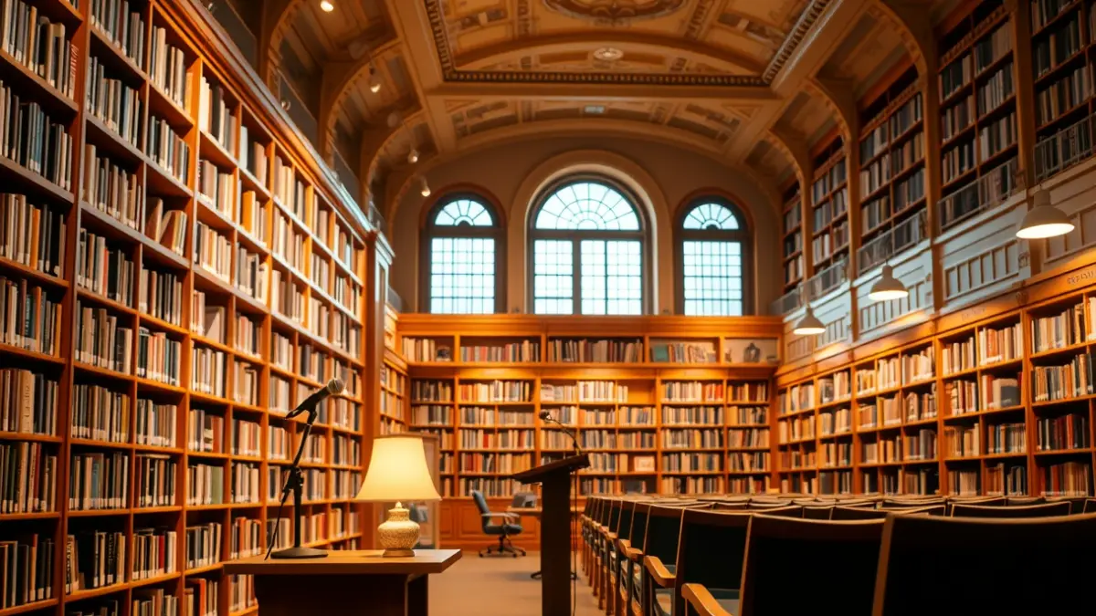 Generic image of a library interior with wooden bookshelves and a podium with a microphone, warmly lit.