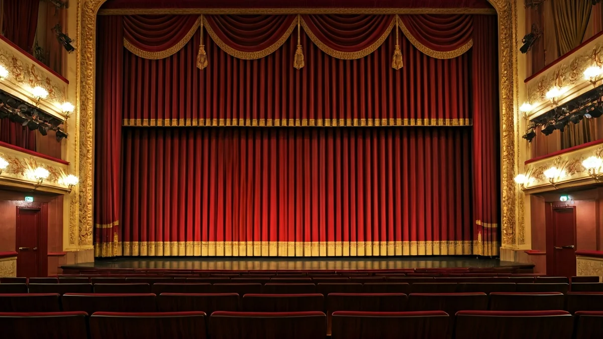 Generic image of a zarzuela stage with velvet curtains and empty seats.