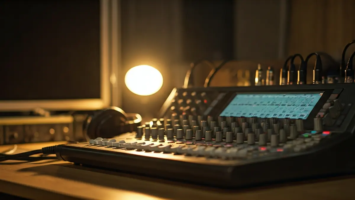 Generic image of school radio equipment, featuring a digital mixing console, headphones, and microphones.
