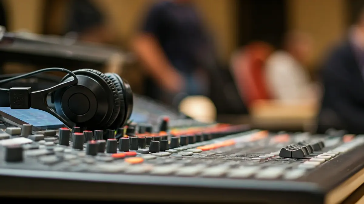 Imagen genérica de una mesa de mezclas digital con auriculares en un aula.