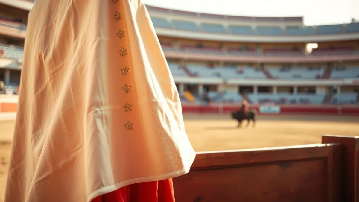 Image of a bullfighter's cape on a bullring barrier.