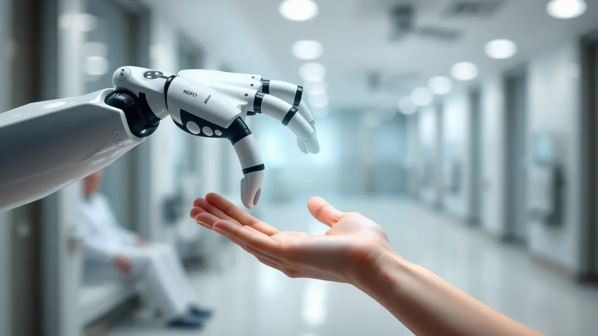 Imagen genérica de un brazo robótico asistiendo una mano humana en un entorno médico.