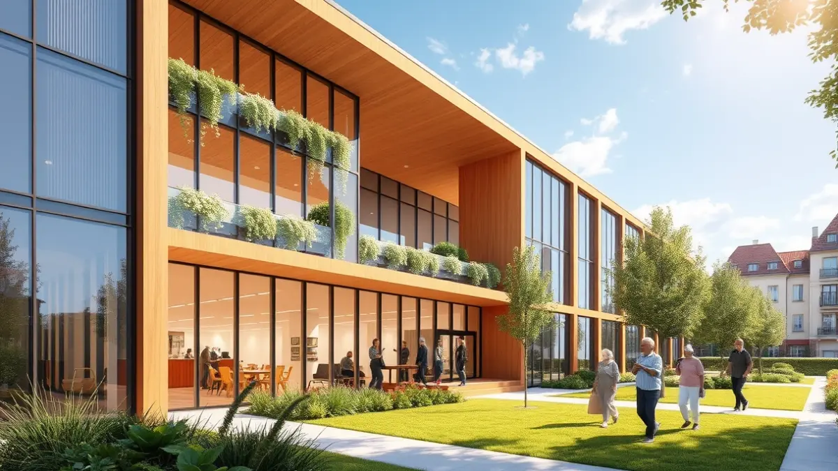 Imagen de un centro residencial moderno con zonas verdes y áreas de juego infantiles.