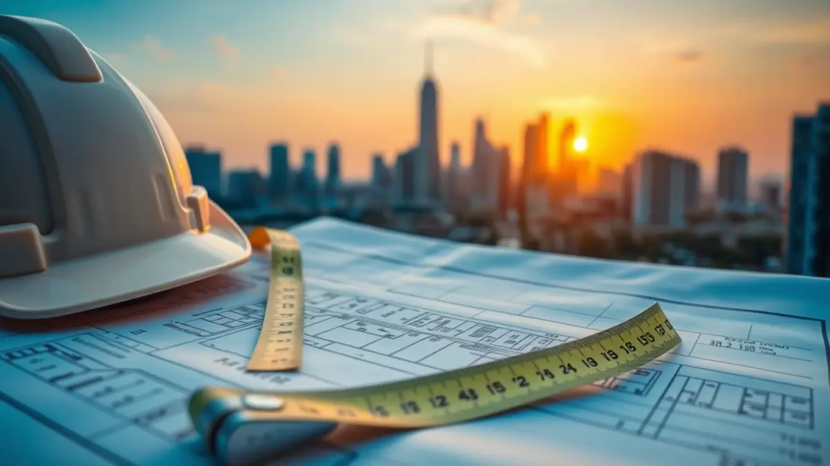 Generic image of construction blueprints and tools, symbolizing housing development.