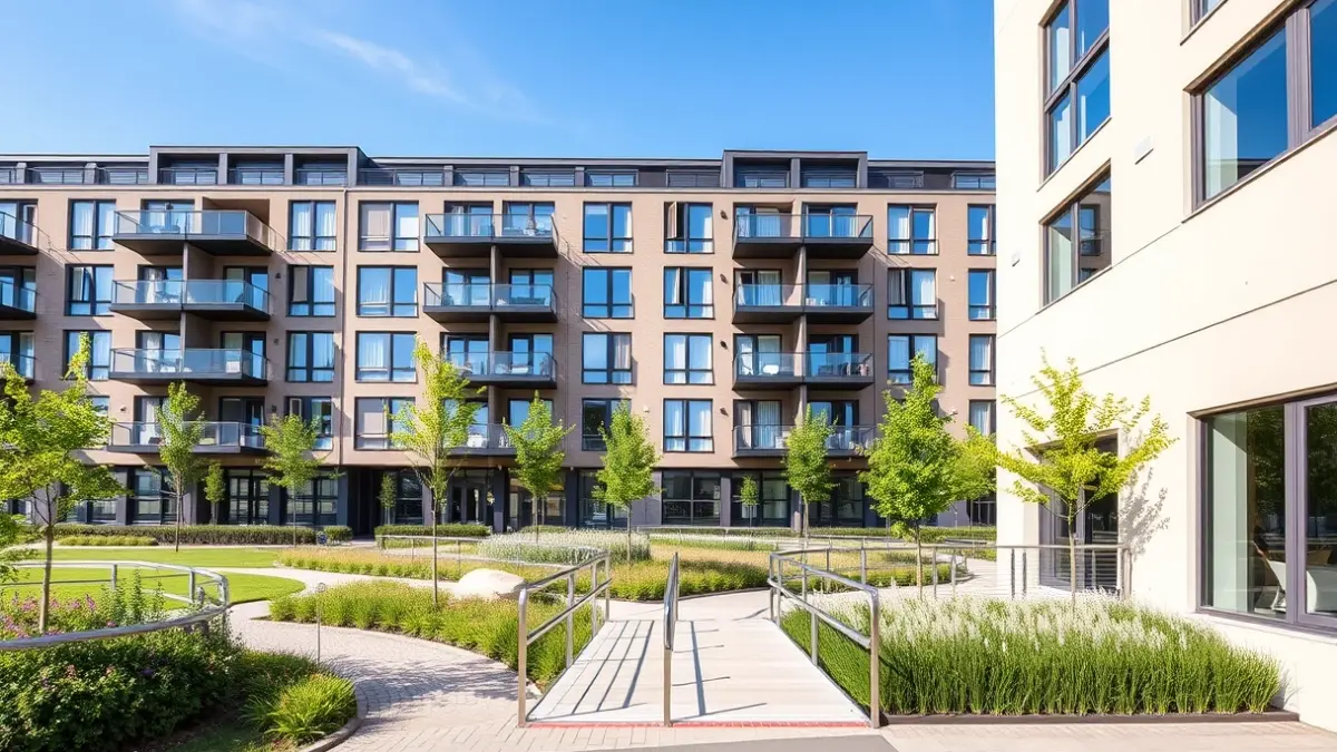 Image of a modern apartment building with green areas.