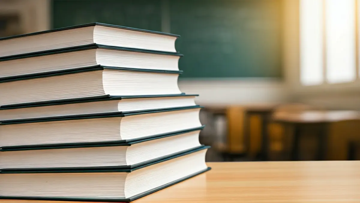 Imagen genérica de libros de texto apilados en un escritorio, simbolizando la educación y las evaluaciones académicas.