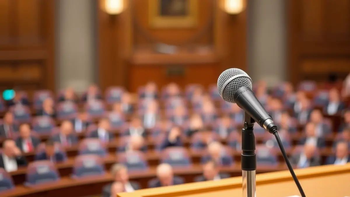 Generic image of a microphone on a podium in a legislative assembly.
