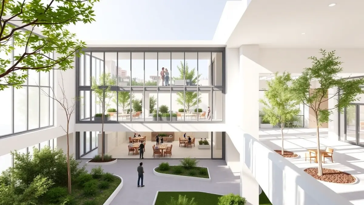 Image of a modern senior residence with large gardens and outdoor spaces.