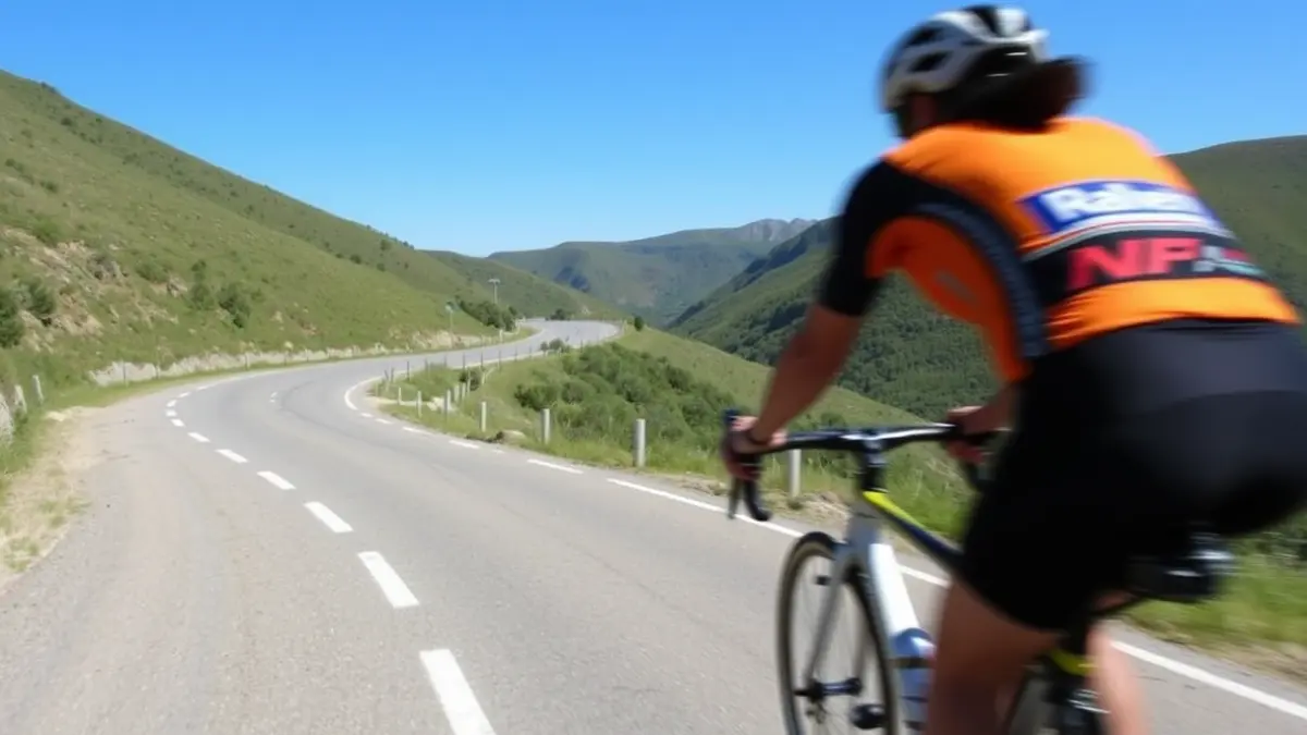 Imagen de una carretera de montaña en la Sierra Norte de Madrid, con un ciclista borroso en primer plano.