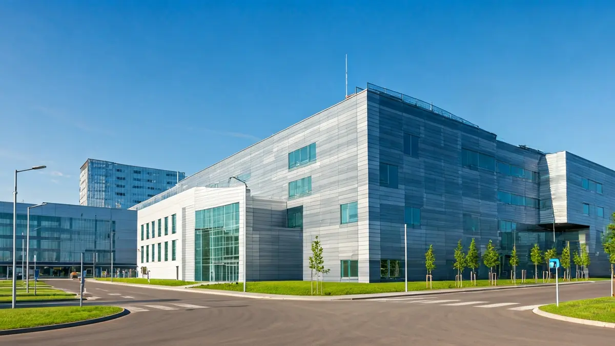Imagen genérica de un parque industrial moderno con edificios futuristas.