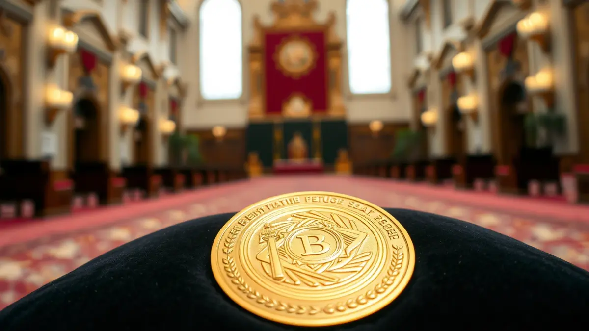 Generic image of a gold medal on a velvet cushion, with a blurred background of a ceremony hall.