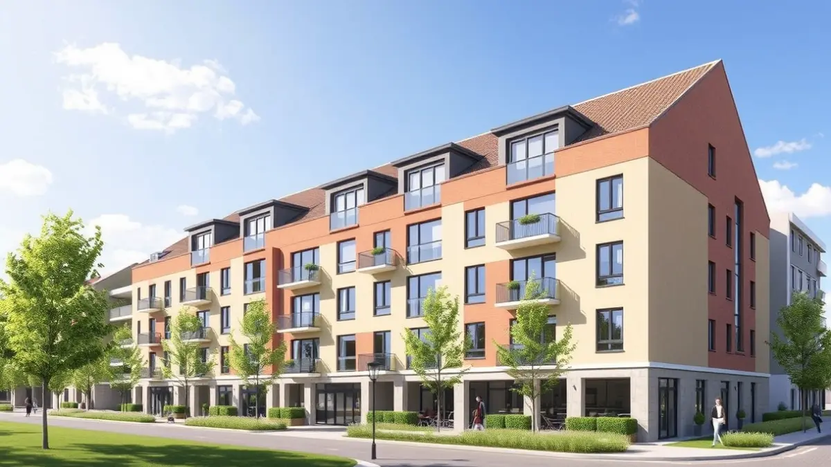 Image of a modern residential building with green areas, designed for seniors.
