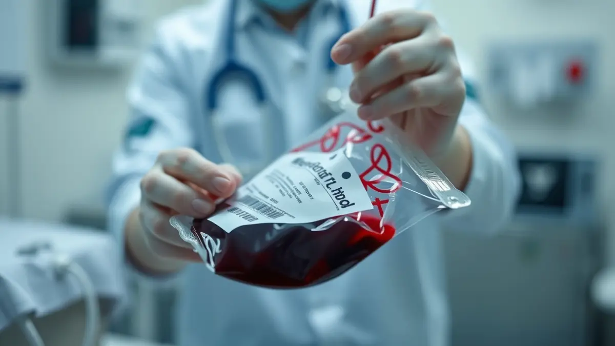Imagen genérica de una bolsa de sangre siendo preparada para donación.