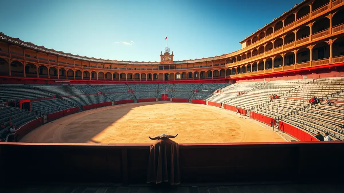 Imagen de la Plaza de Las Ventas, con sus gradas vacías y la arena iluminada por el sol.