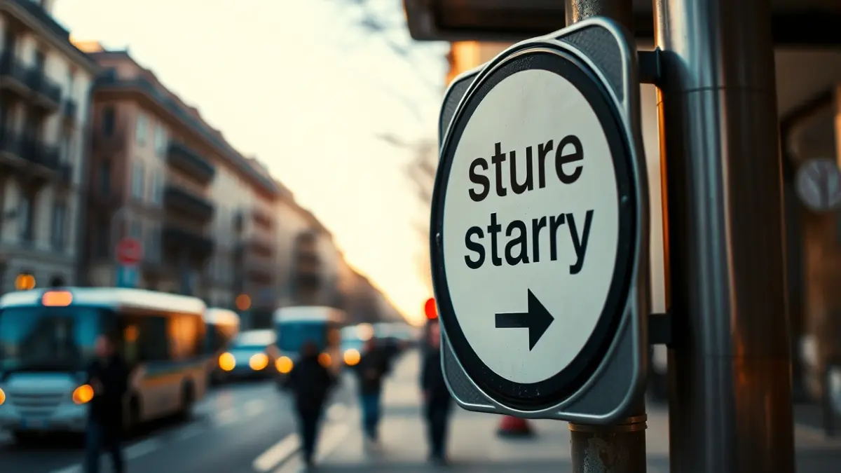 Generic image of a bus stop in an urban setting in Madrid, with people and vehicles in the background.