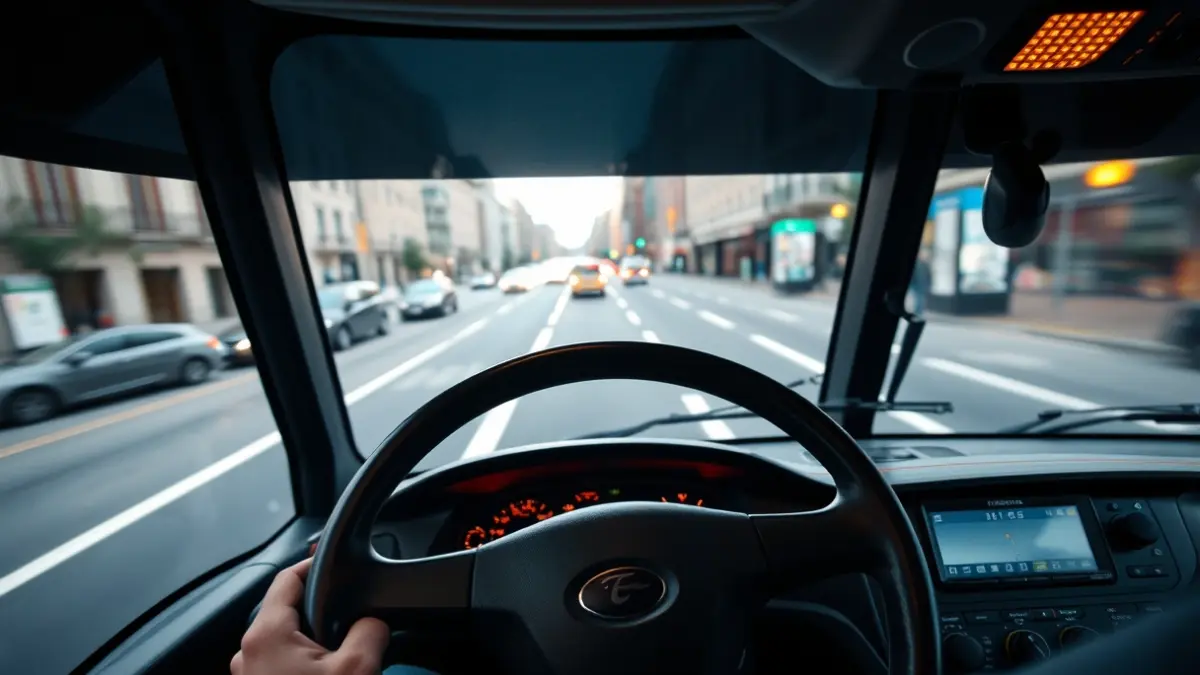 Generic image of a bus interior, with the steering wheel and dashboard in the foreground and Madrid street in the background.