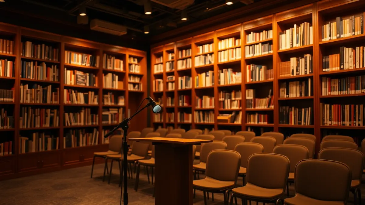 Generic image of a warm-lit cultural exhibition space with wooden bookshelves.