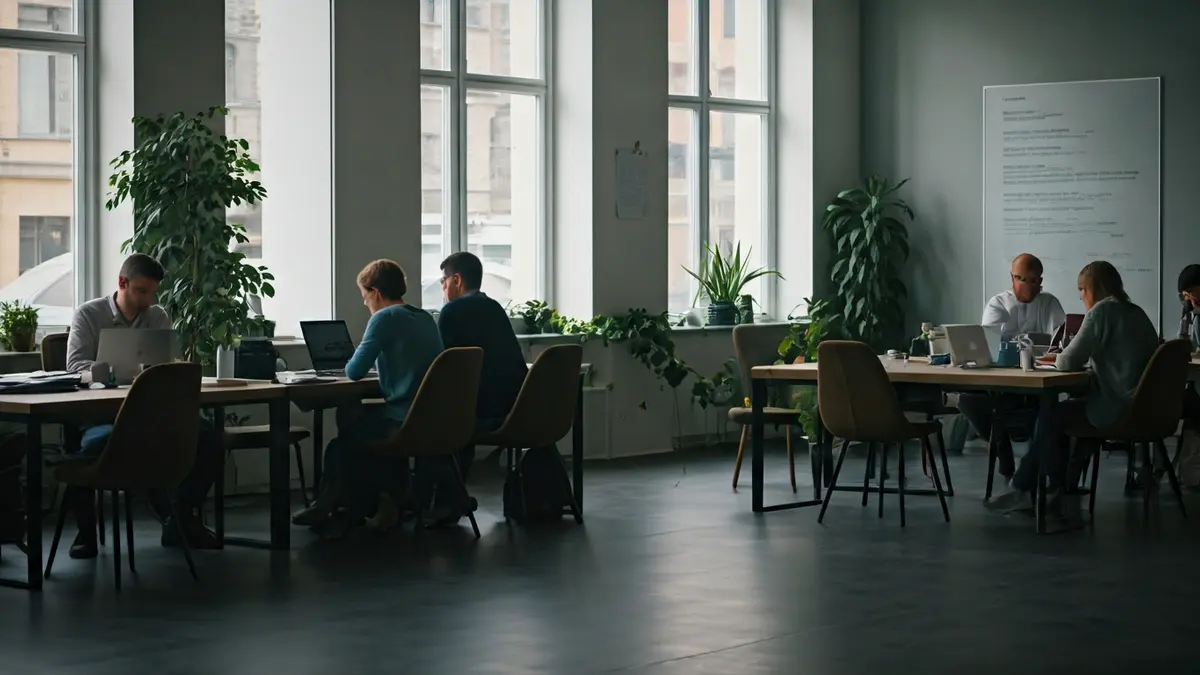 Generic image of a modern, bright coworking space with people working.