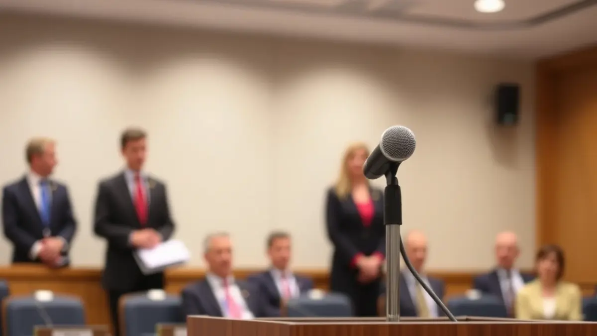 Generic image of a microphone on a lectern, symbolizing a political statement or official meeting.