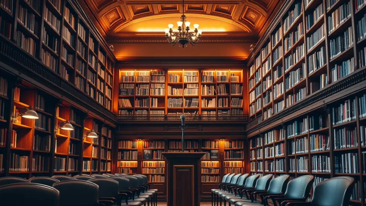 Imagen genérica de un interior de biblioteca con estanterías de madera y un podio con micrófono.