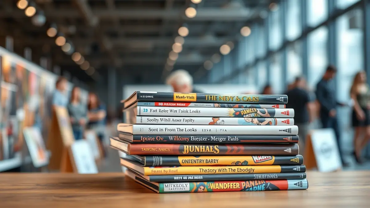 Generic image of comic books and graphic novels on an exhibition table.