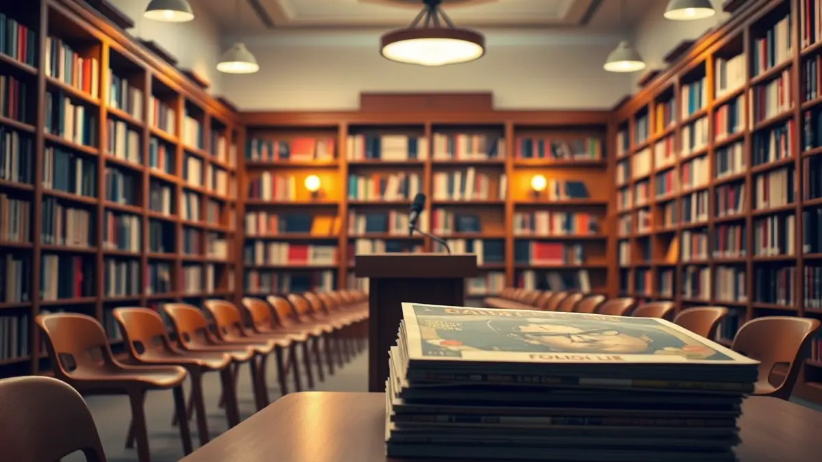 Imagen genérica de un ambiente de lectura o feria de cómics, con libros y un micrófono.