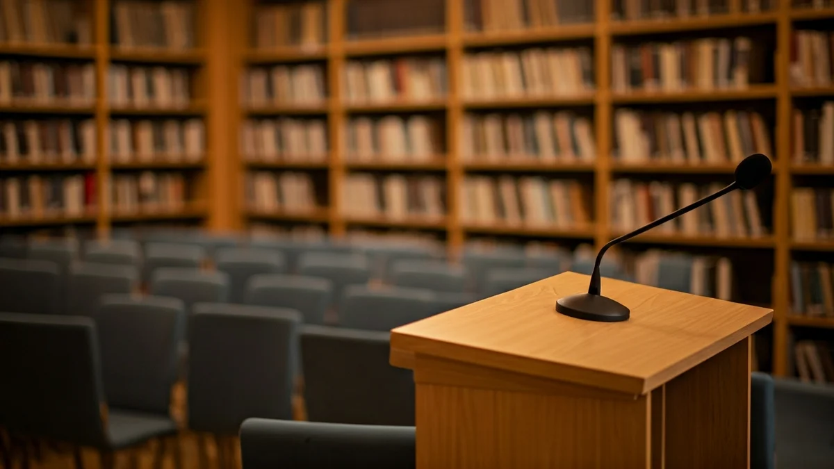 Generic image of a podium with a microphone in a library setting, symbolizing a literary presentation.