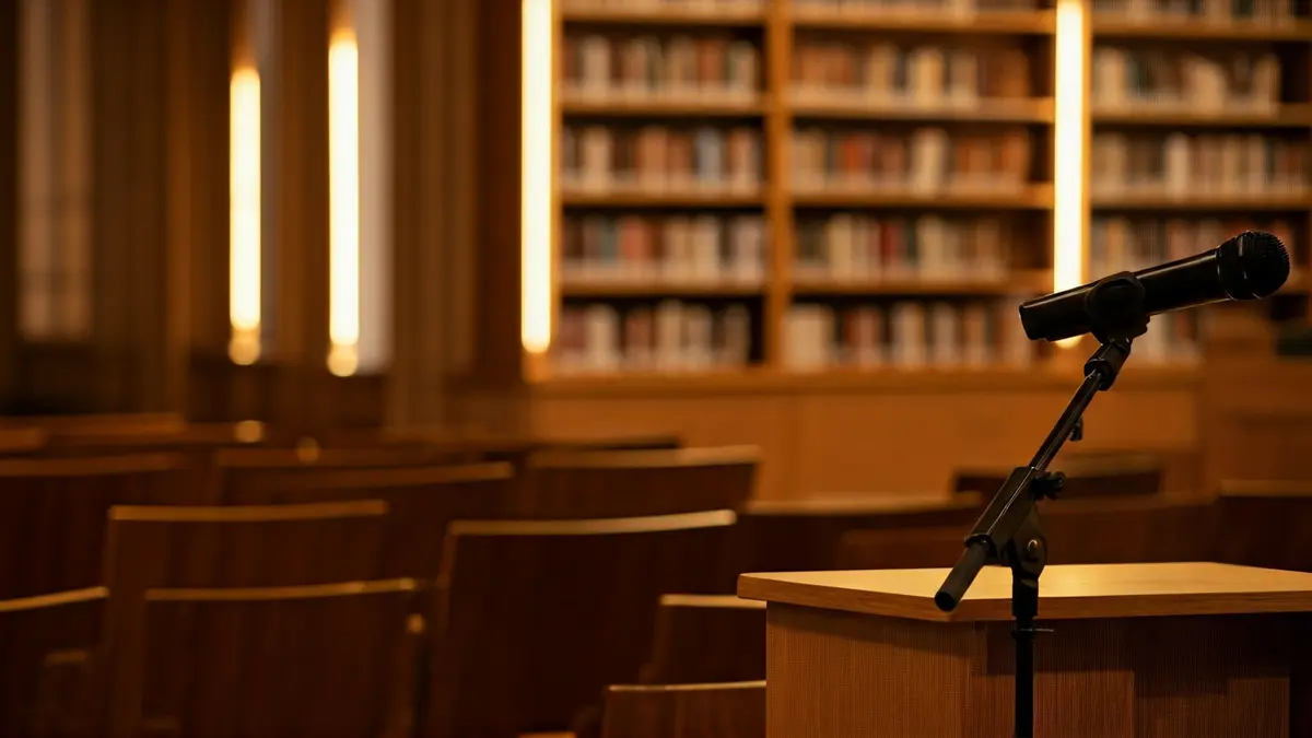 Imagen genérica de un interior de biblioteca o sala de presentaciones con un podio y sillas vacías.