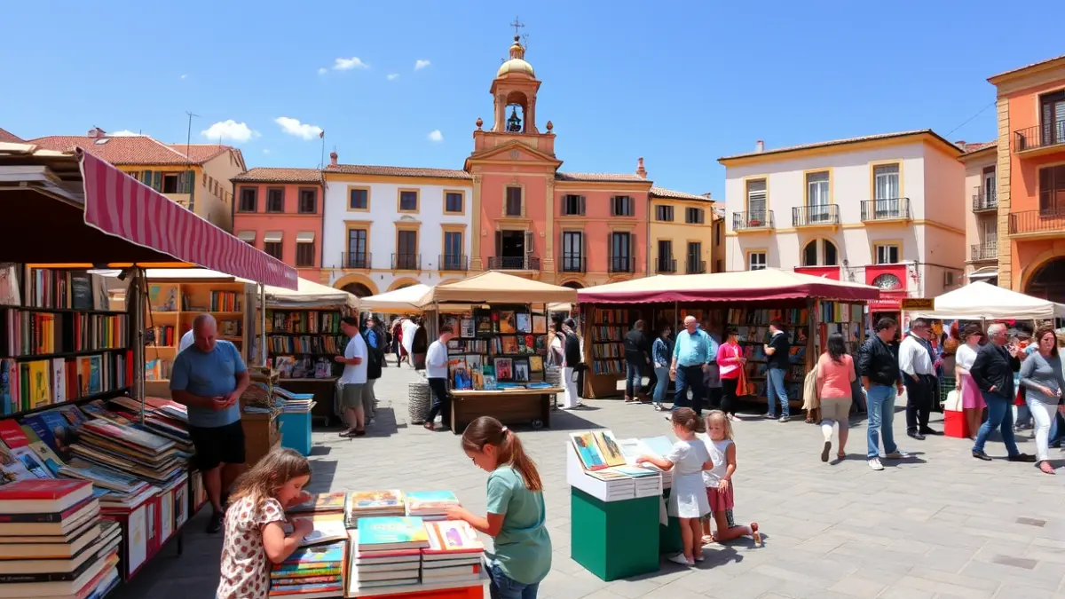 Image of an outdoor book fair with stalls and children's activities.