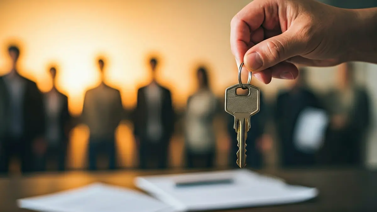 Imagen genérica de una mano sosteniendo una llave de casa, con documentos financieros borrosos de fondo.