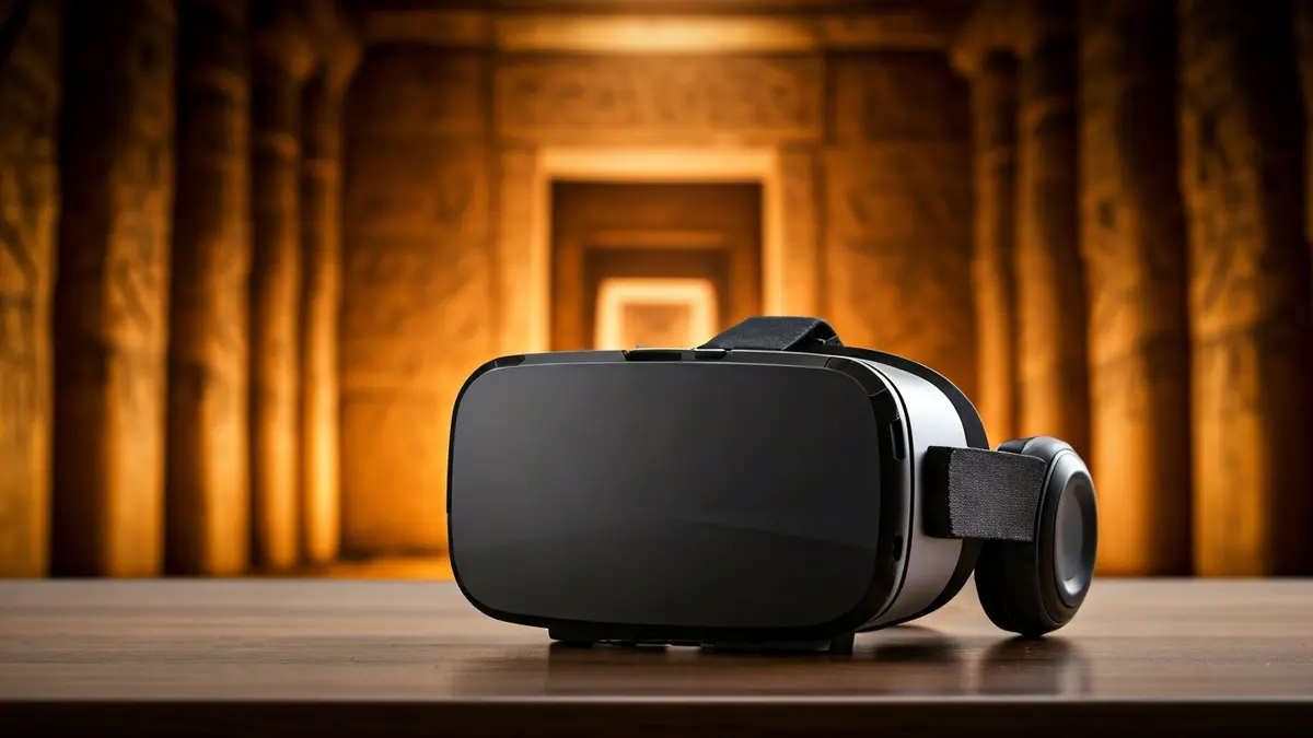 Imagen genérica de un visor de realidad virtual con temática egipcia de fondo.