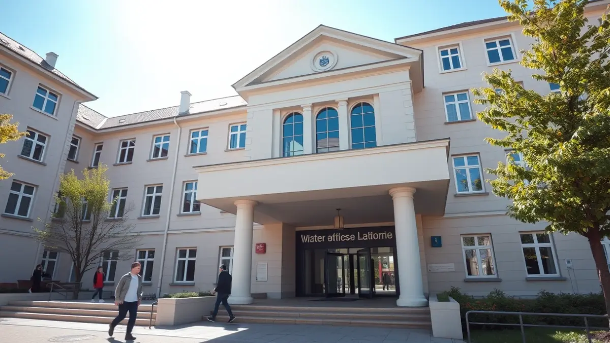 Imagen genérica de un edificio universitario moderno con estudiantes.