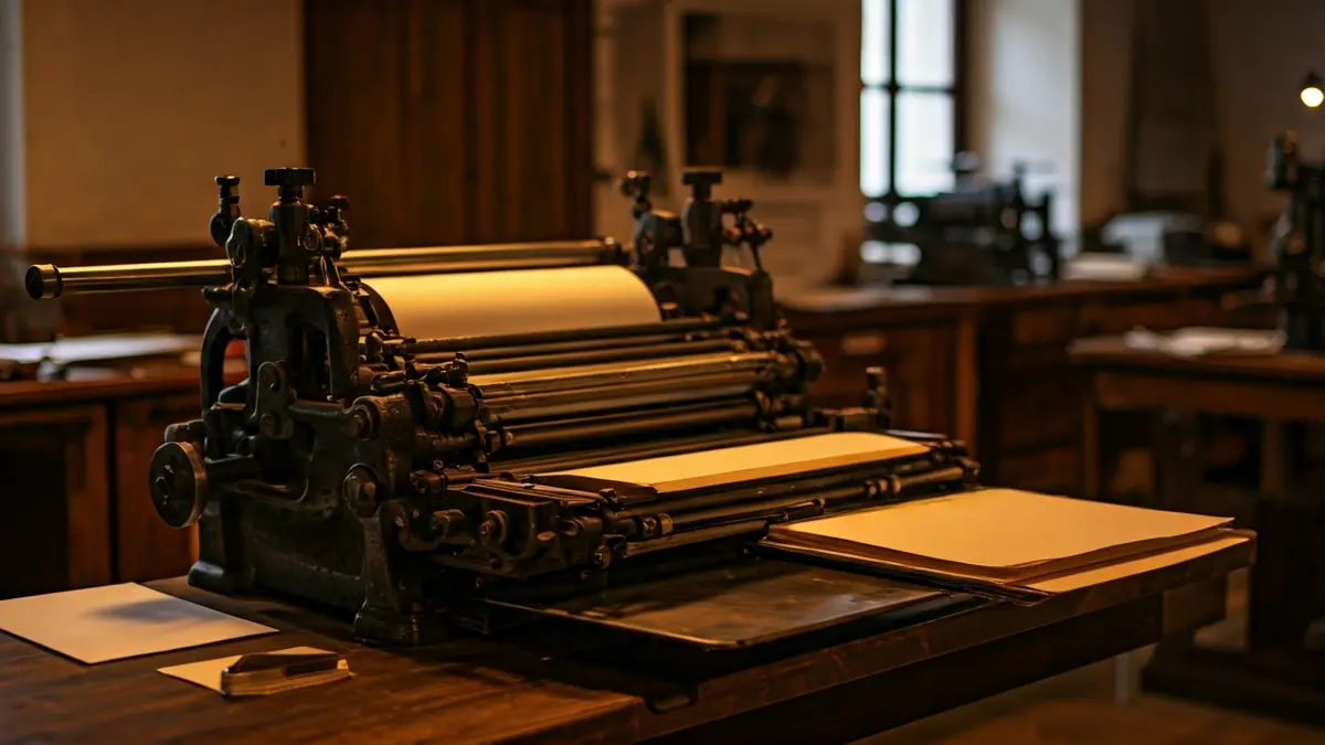 Imagen de una imprenta antigua, con una prensa de madera y papel, recreando el ambiente del siglo XVI.