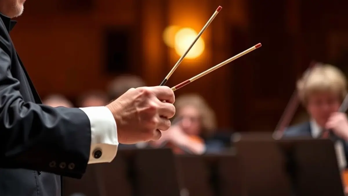 Imagen genérica de un director de orquesta con una batuta, con instrumentos musicales borrosos al fondo.