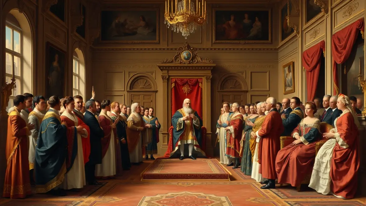 Image of an 18th-century royal oath ceremony, with court figures and a solemn atmosphere.