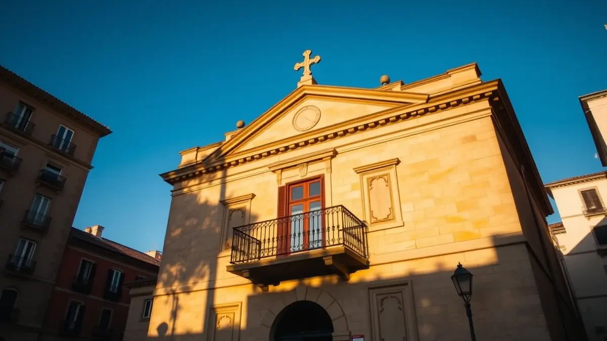 Facade of a traditional town hall with a balcony and iron railings.