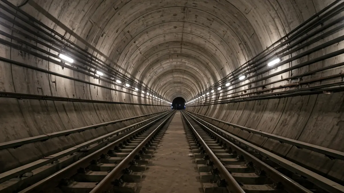 Interior de un túnel de metro con vías y paredes de hormigón, iluminado artificialmente, mostrando trabajos de reparación.