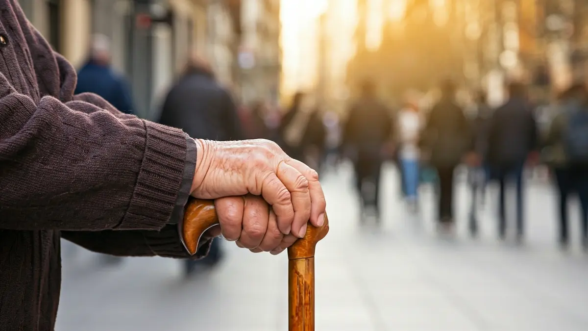 Manos de una persona mayor apoyadas en un bastón, con el fondo de una calle de Majadahonda desenfocado.