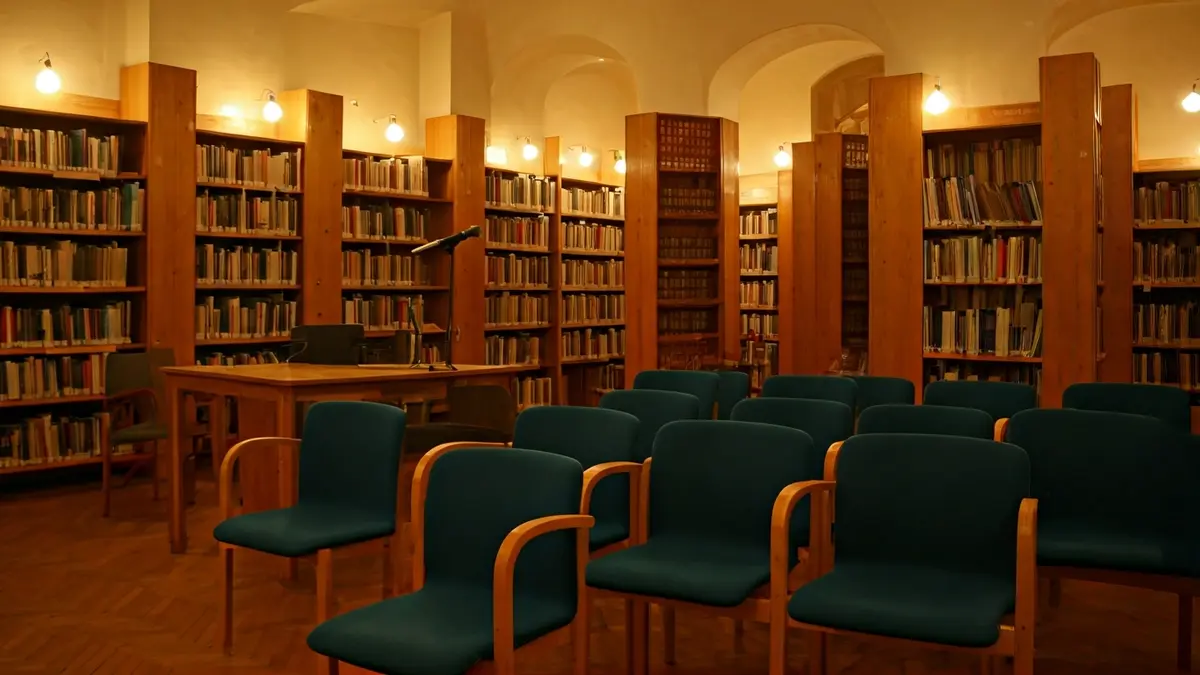 Imagen genérica de un espacio de aprendizaje o sala de conferencias con un micrófono y sillas.
