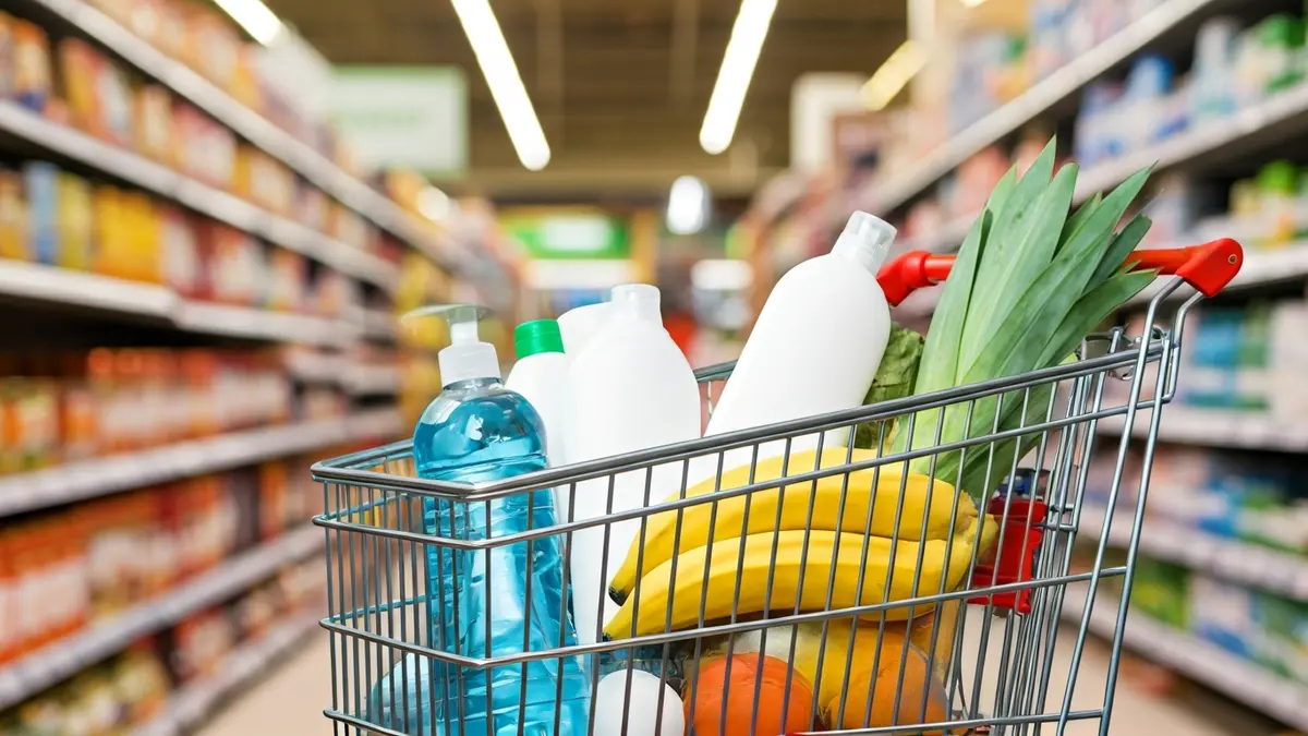Imagen genérica de un carrito de supermercado con alimentos y productos de higiene.