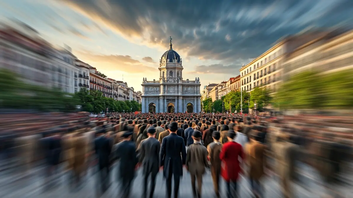 Imagen histórica de una multitud en la Puerta del Sol de Madrid durante un evento político.