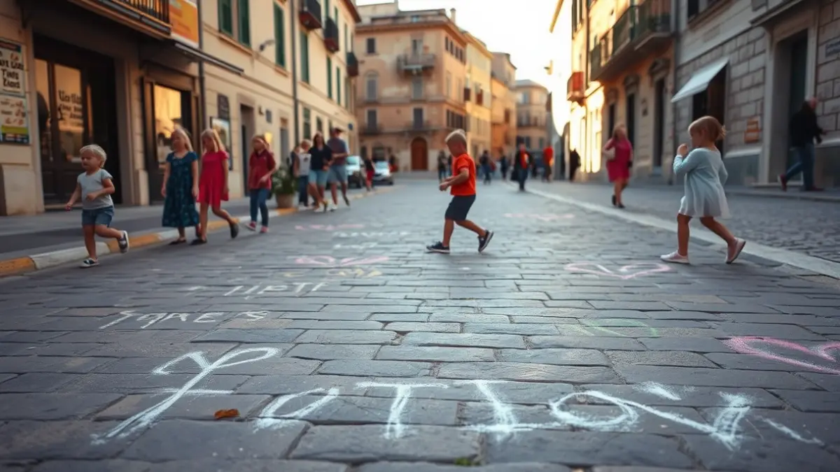 Chalk drawings on a Madrid street, depicting traditional games.