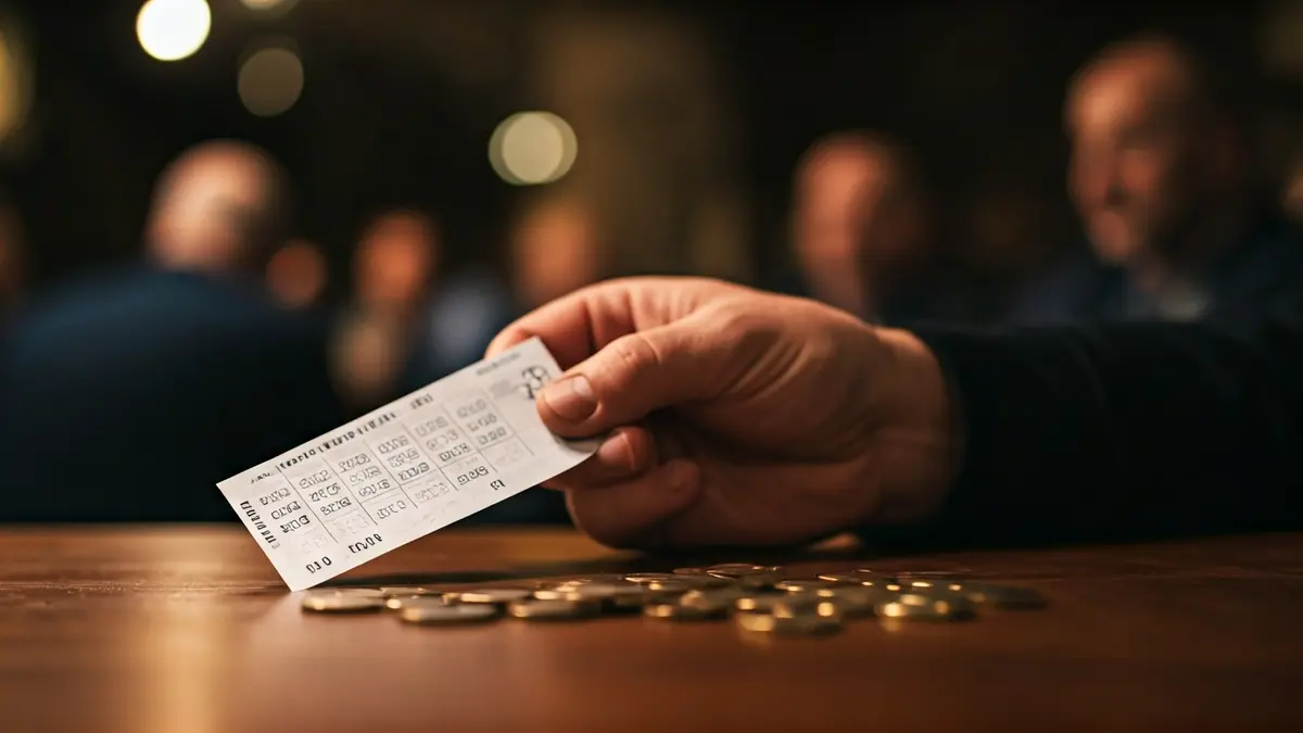 Imagen genérica de una mano sosteniendo un cupón de lotería con monedas de euro.