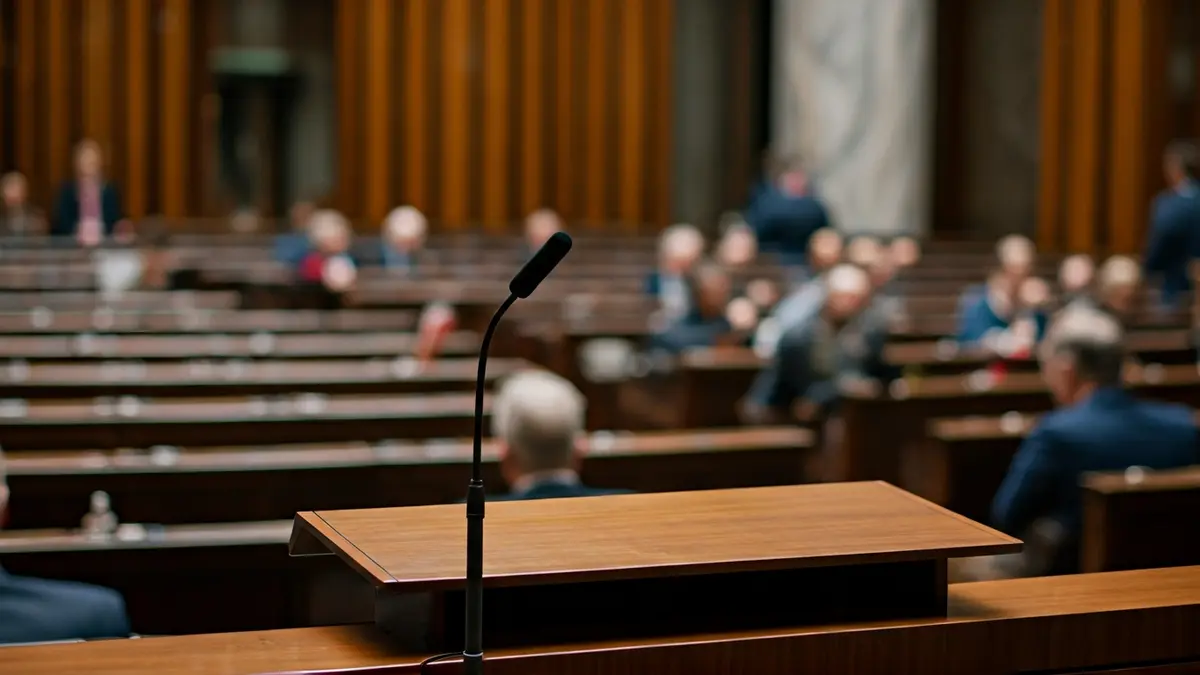 Generic image of a microphone on a podium in an empty parliamentary chamber.
