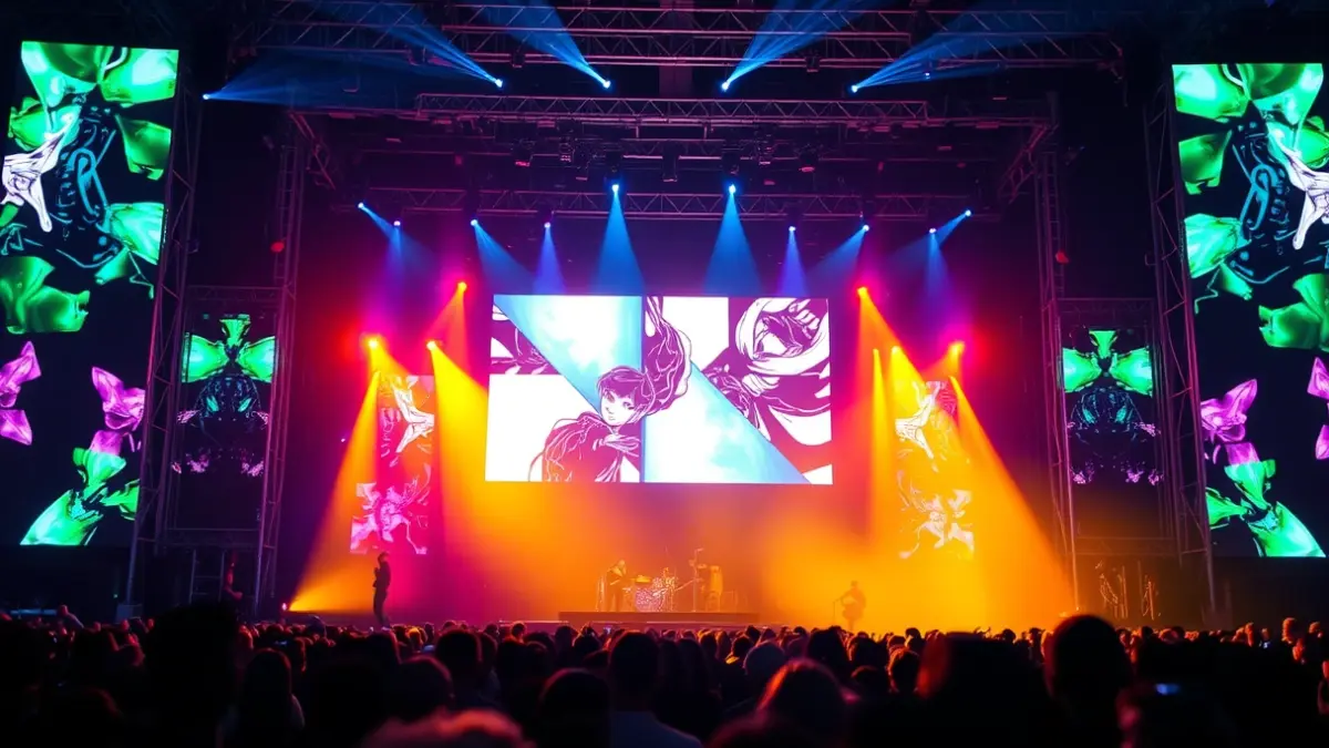 Generic image of a concert stage with lights and an LED screen.