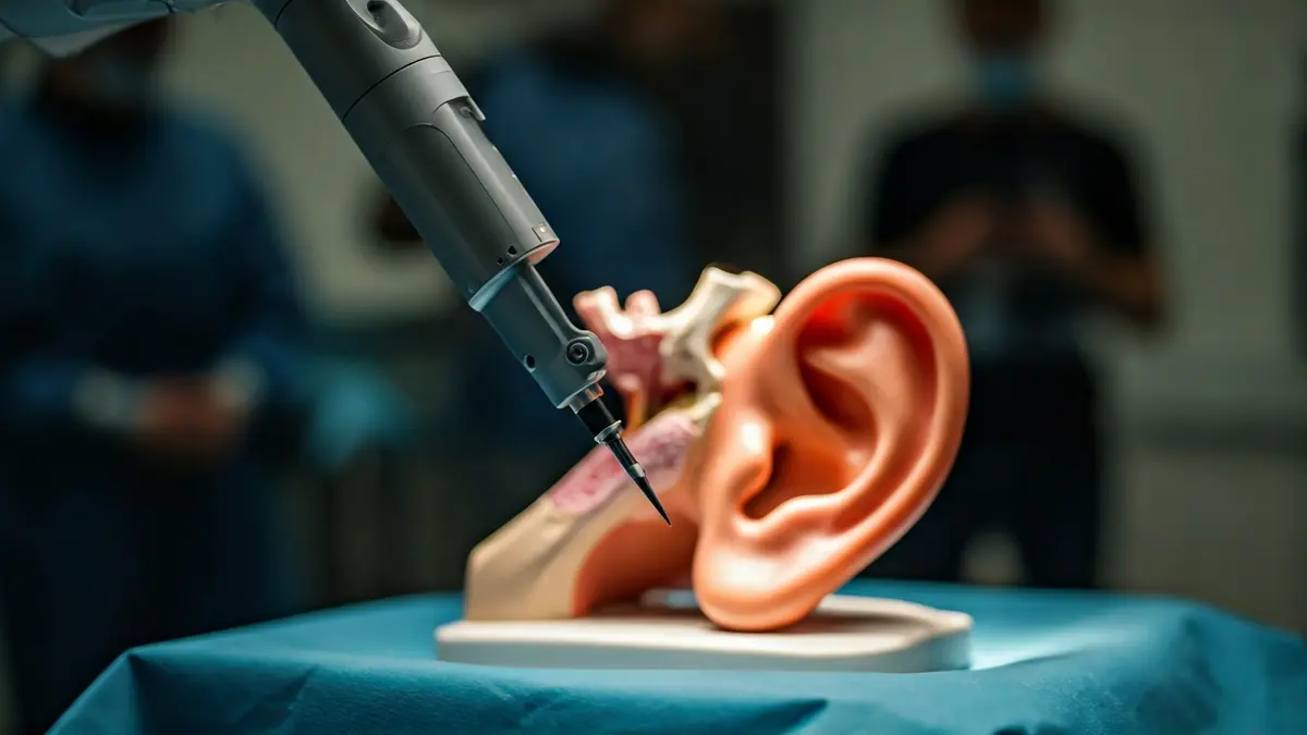 Brazo robótico realizando una cirugía de implante coclear en el oído interno.
