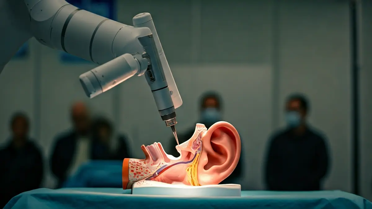 Imagen de un brazo robótico quirúrgico realizando una operación de implante coclear.