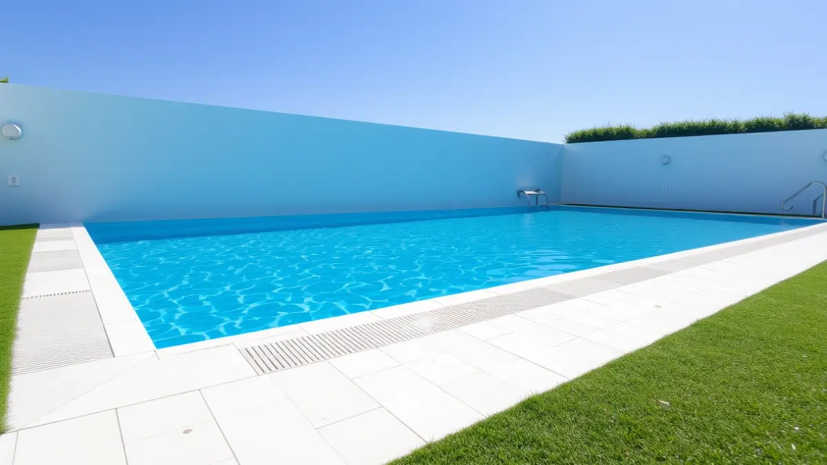 Generic image of a renovated municipal swimming pool with blue water and green lawn.