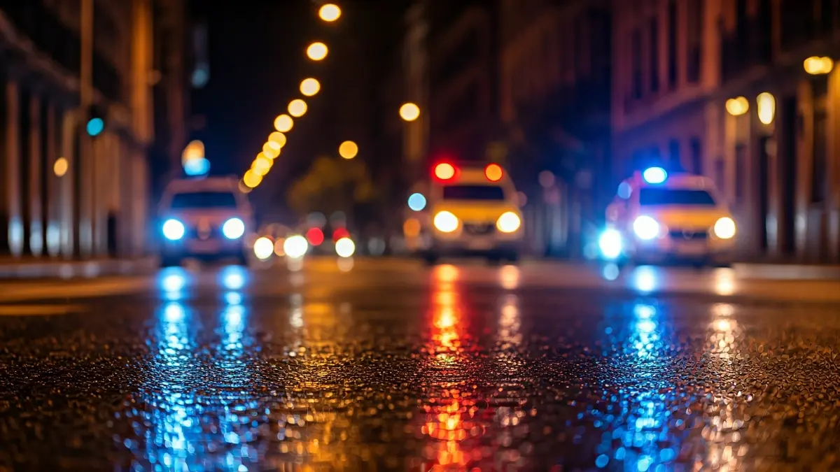 Generic image of emergency lights reflecting on wet asphalt at night.