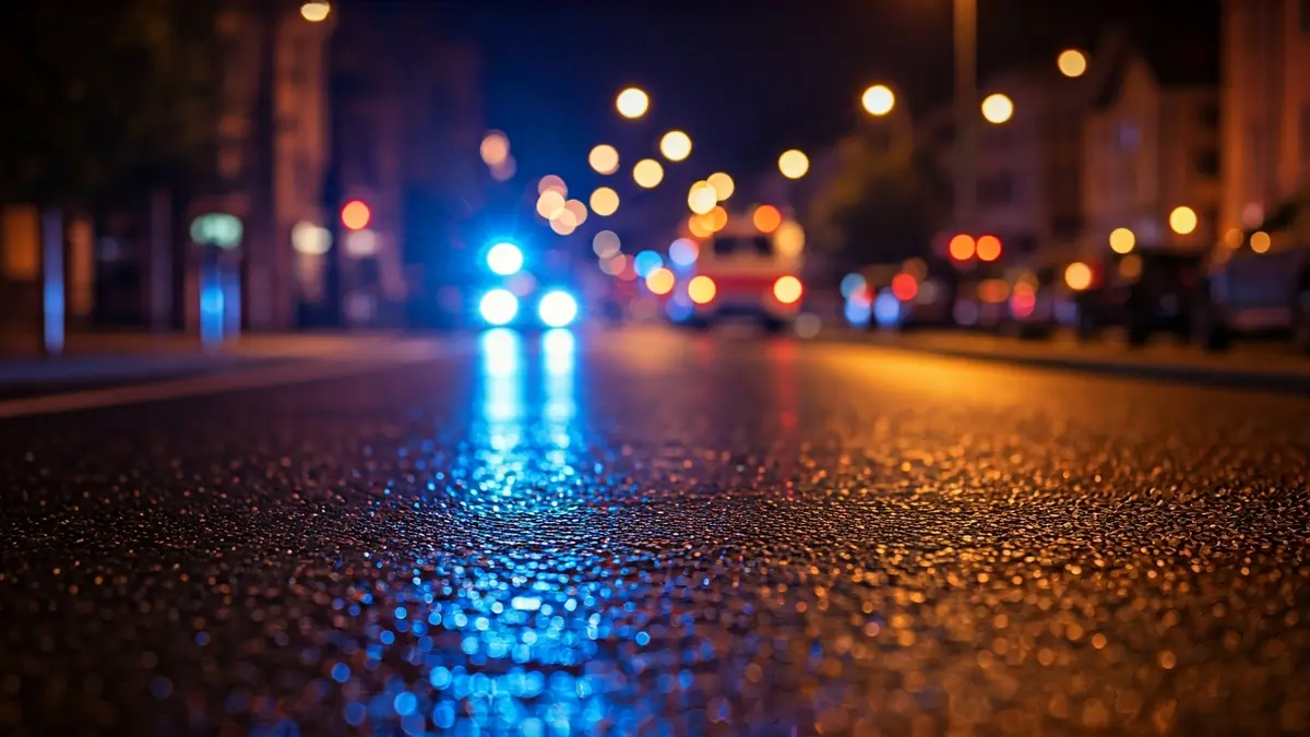 Imagen genérica de luces de emergencia reflejadas en el asfalto mojado.